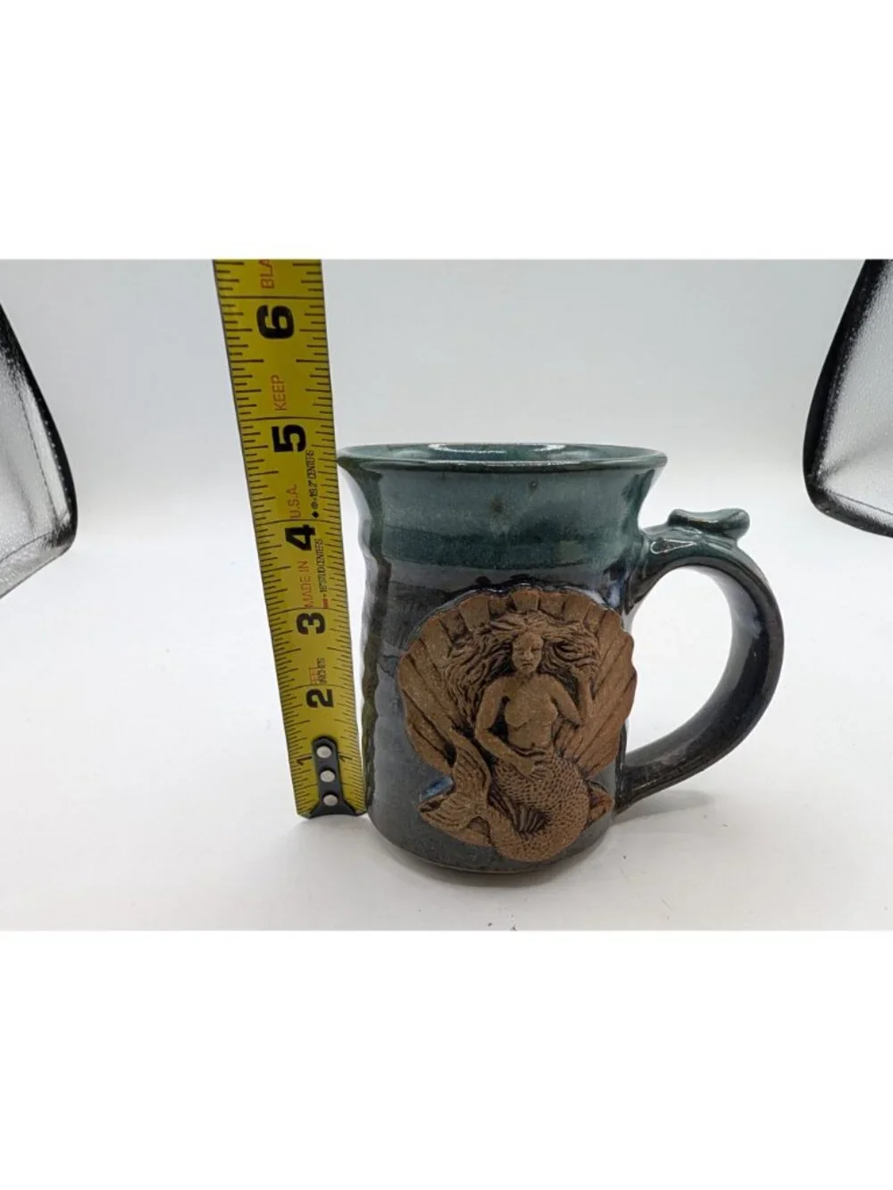 Handmade Pottery Mug W 3D Mermaid Design Blue & Brown Artist Signed - Picture 5 of 11